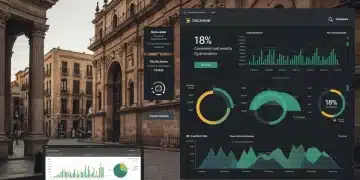 Panel de control digital mostrando un aumento del 18% en la tasa de conversión de eCommerce en España, con gráficos y datos de rendimiento.