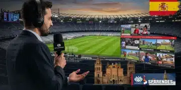Periodista deportivo cubriendo un evento en España en 2025, con pantallas digitales y elementos tecnológicos.