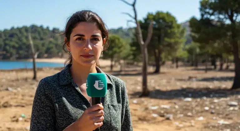 Periodista cubriendo un tema ambiental en un paisaje español afectado por el cambio climático