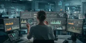 Periodista español analizando datos en una sala de redacción moderna, con gráficos y pantallas futuristas de fondo.