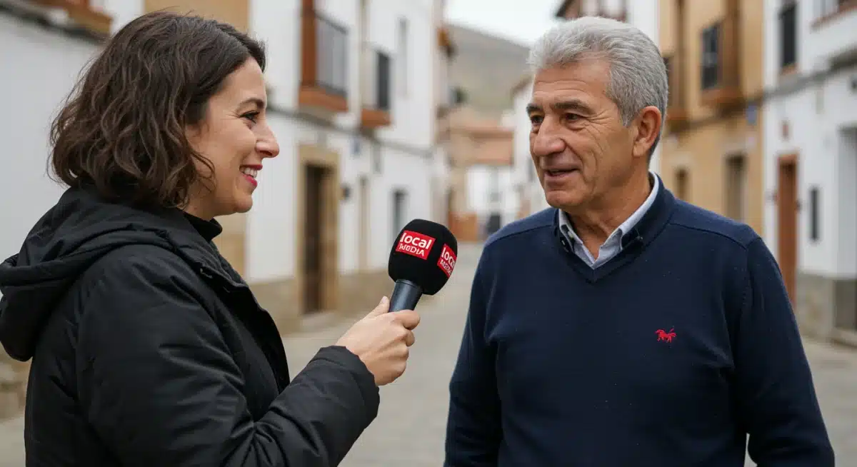 Periodista local entrevistando a un residente, simbolizando la cercanía y el compromiso del periodismo con la comunidad.