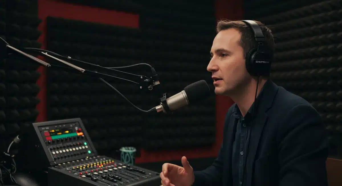 Periodista grabando un podcast en un estudio profesional, con equipo de audio moderno.
