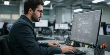 Periodista español utilizando herramientas de IA en una redacción moderna