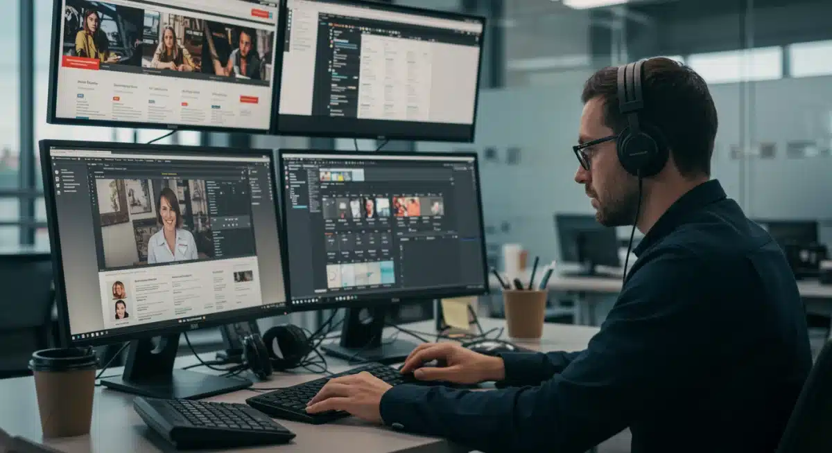 Periodista trabajando con múltiples pantallas, gestionando contenido para diversas plataformas, ejemplificando la integración transmedia en una redacción.