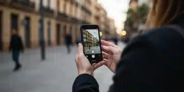 Periodismo móvil en España: 4 técnicas avanzadas para reportajes Periodista español utilizando un smartphone para reportaje móvil en un entorno urbano dinámico.