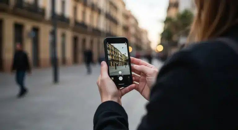 Periodista español utilizando un smartphone para reportaje móvil en un entorno urbano dinámico.