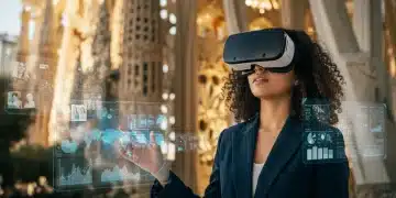 Periodista con gafas de realidad virtual explorando noticias inmersivas en España.