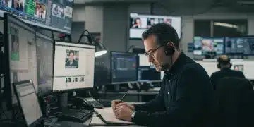 Periodista concentrado trabajando en una sala de redacción digital, rodeado de pantallas con noticias.