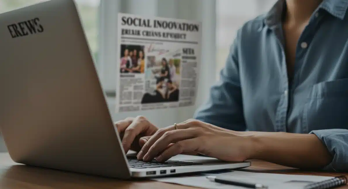 Periodista redactando un reportaje sobre innovación social y periodismo constructivo.