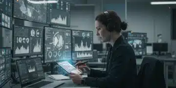 Periodista español verificando noticias en una redacción moderna de 2025, utilizando herramientas tecnológicas avanzadas para combatir la desinformación.