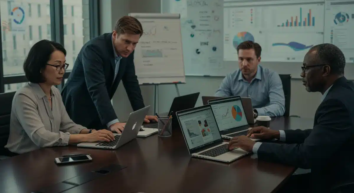 Equipo de periodistas colaborando en análisis de datos para un proyecto de investigación complejo.