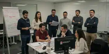 Periodistas españoles colaborando en una redacción moderna, enfocados en noticias constructivas y soluciones mediáticas.