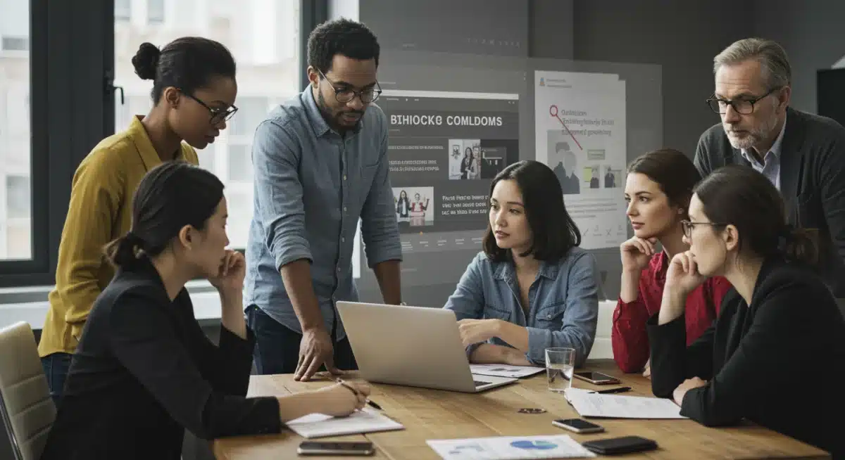 Periodistas discutiendo dilemas éticos en un entorno de noticias digitales, colaborando en la toma de decisiones.