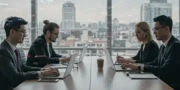 Periodistas españoles adaptándose a las nuevas regulaciones europeas de medios en 2025, con gráficos y pantallas que muestran información relevante sobre la normativa.