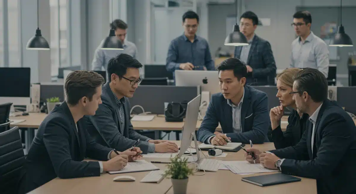 Periodistas debatiendo nuevas normativas de medios en una sala de redacción.