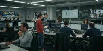 Periodistas colaborando en una redacción moderna de España, enfocados en el periodismo de soluciones para 2025.