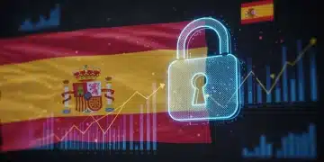 Ilustración digital de un candado y gráficos de marketing, con elementos de la bandera española, simbolizando la privacidad de datos en marketing digital en España para 2025.