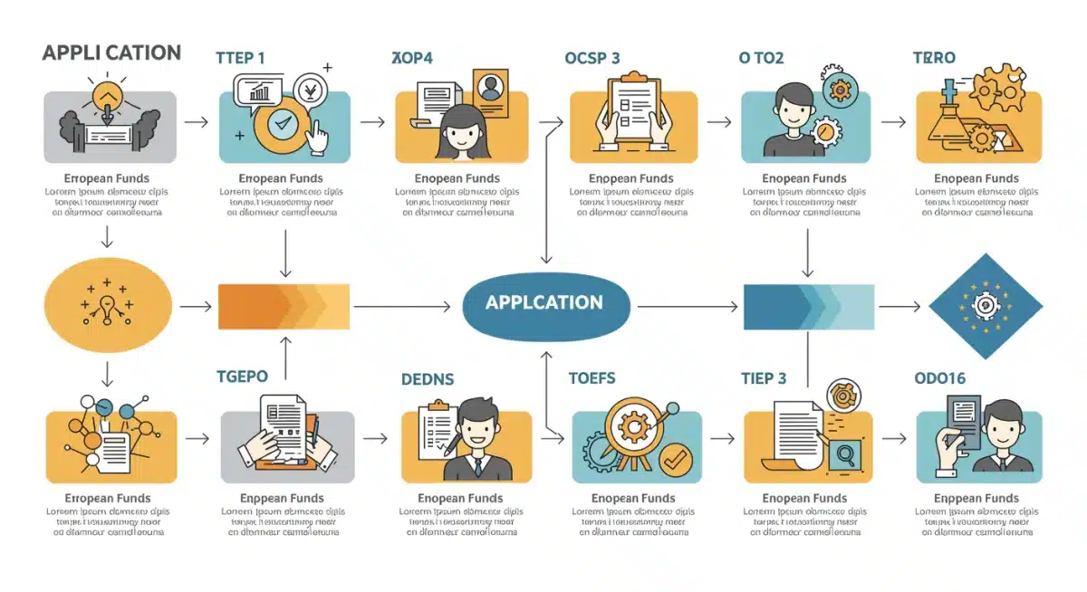 Infografía del proceso de solicitud de ayudas europeas para PYMES en España.