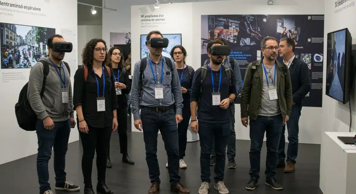 Público interactuando con una experiencia de periodismo inmersivo en un evento en España.