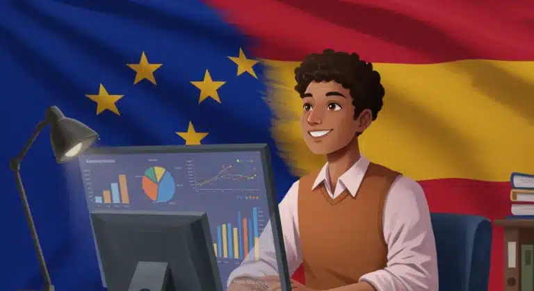 Mujer empresaria española celebrando el acceso a financiación europea para su PYME en España.
