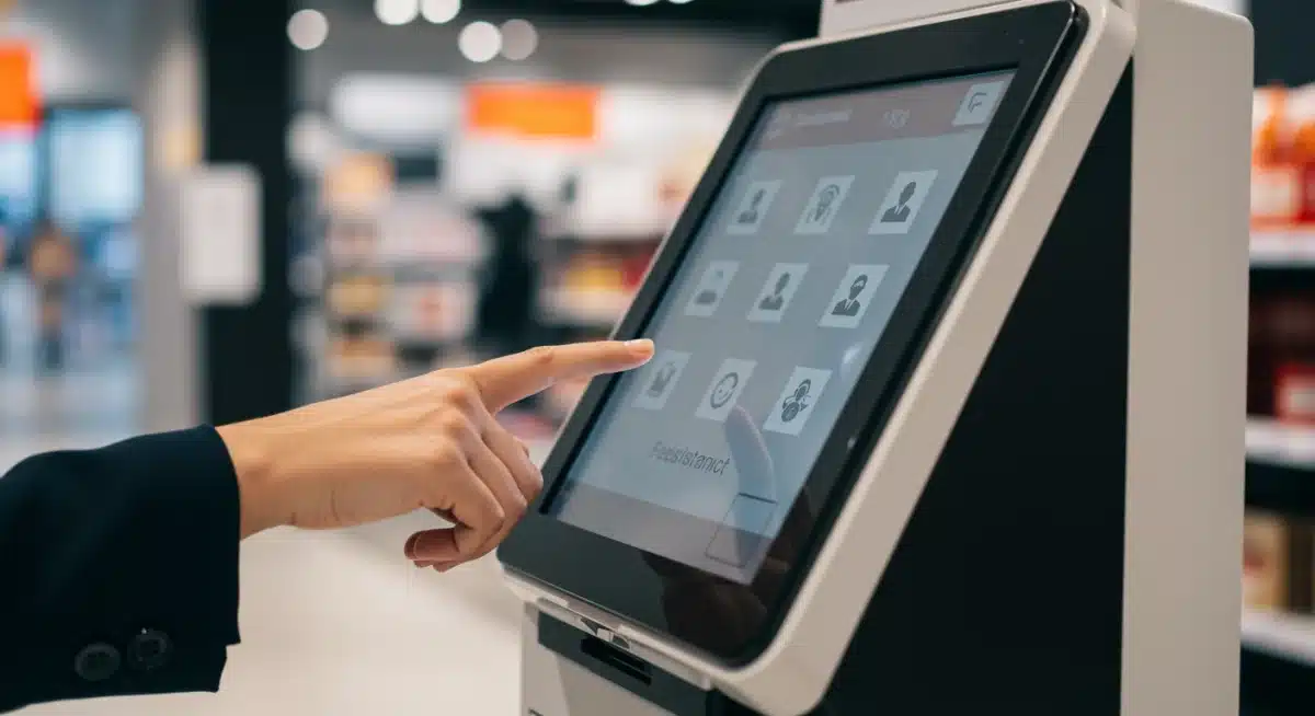 Cliente utilizando un quiosco de autoservicio para dejar comentarios o solicitar ayuda