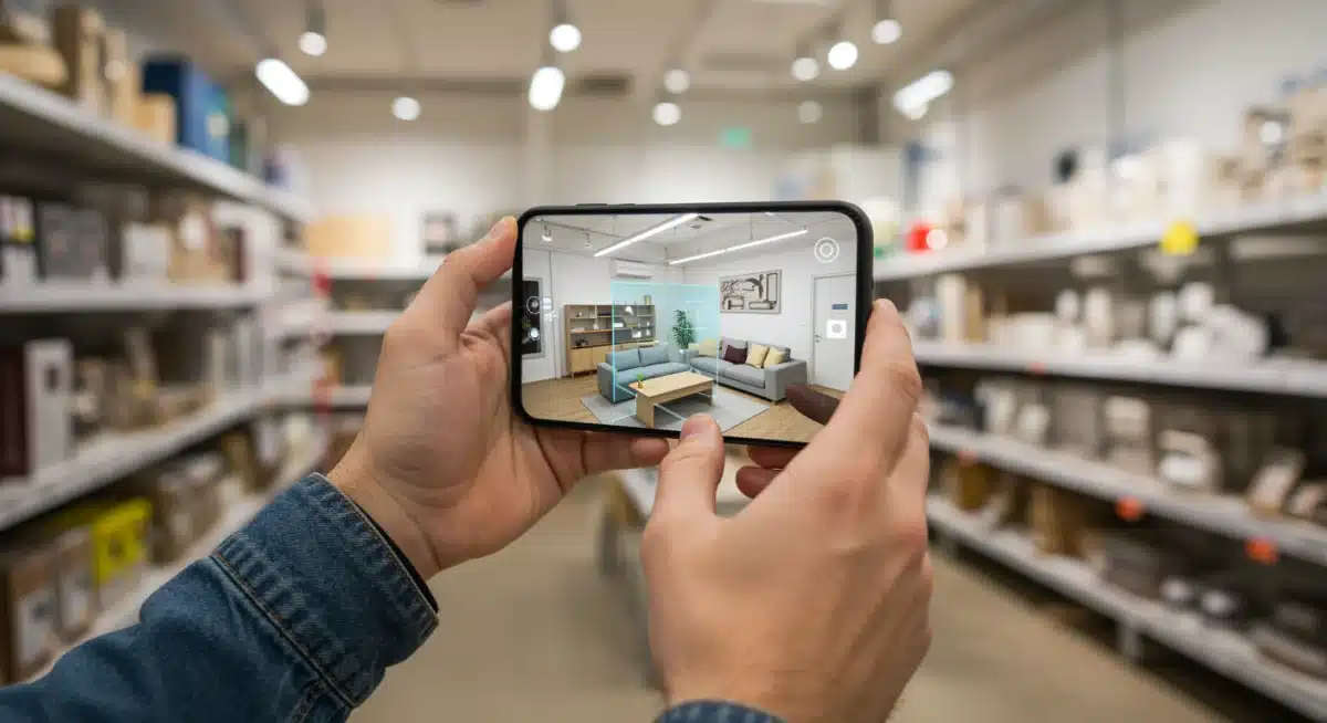 Usuario español probando muebles con Realidad Aumentada en una tienda física, visualizando cómo quedarán en su hogar antes de comprar.