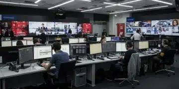 Periodistas trabajando en una sala de redacción digital moderna en España, con gráficos de sostenibilidad económica.