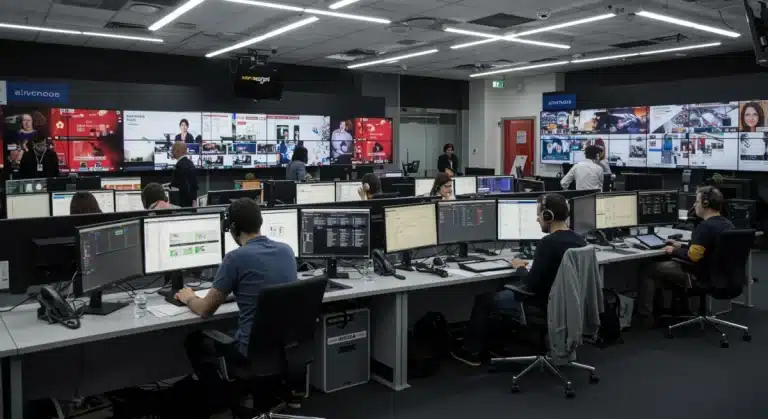 Periodistas trabajando en una sala de redacción digital moderna en España, con gráficos de sostenibilidad económica.
