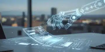 RPA en España: Ahorro del 18% en Costes Operativos en 3 Meses Brazo robótico automatizando tareas en una oficina, simbolizando la eficiencia del RPA en empresas españolas.