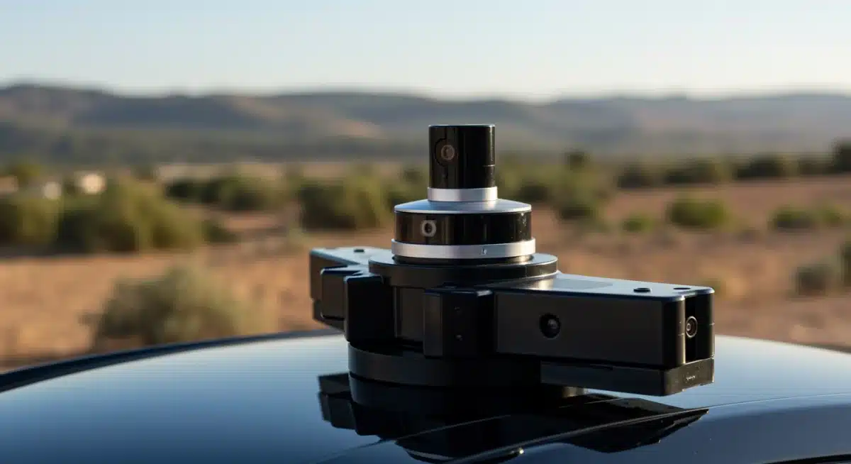 Conjunto de sensores avanzados (lidar, radar, cámaras) integrados en un coche autónomo, con paisaje español de fondo.