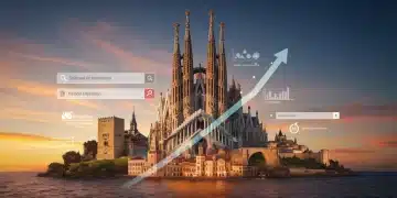 Paisaje digital español con elementos de SEO y monumentos emblemáticos, simbolizando el éxito en 2025.