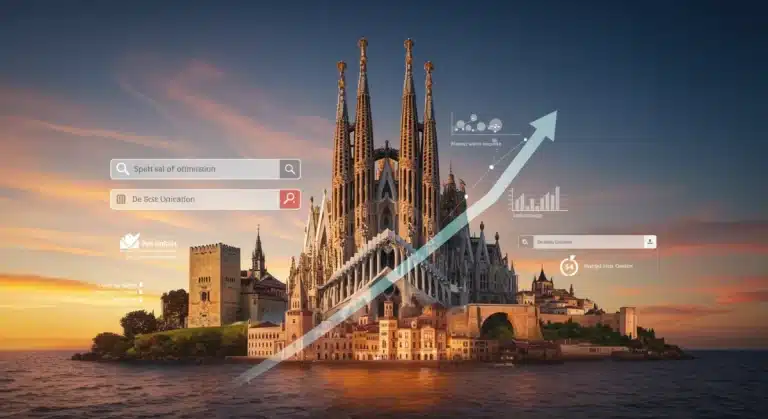 Paisaje digital español con elementos de SEO y monumentos emblemáticos, simbolizando el éxito en 2025.