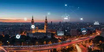 Skyline digitalizado de una ciudad española inteligente, con vehículos autónomos y redes de energía renovable integradas.