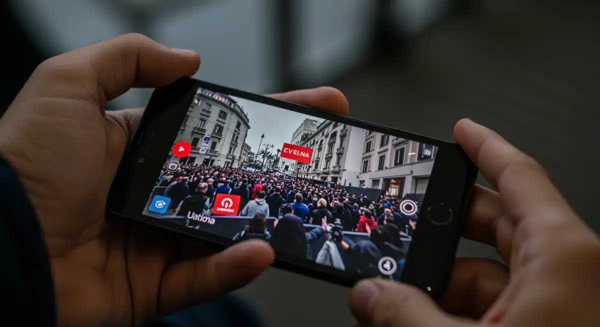 Pantalla de smartphone mostrando una transmisión en vivo de un evento de noticias en España, capturada por un periodista móvil.