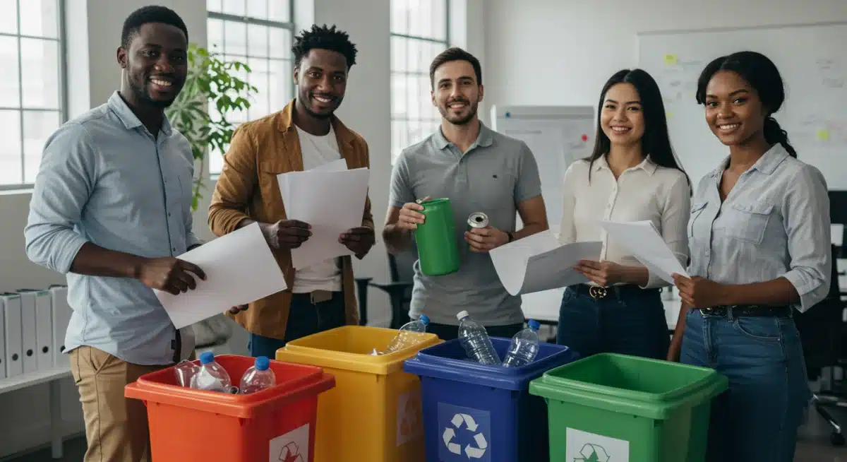 Empleados colaborando en un taller de clasificación de residuos en la oficina