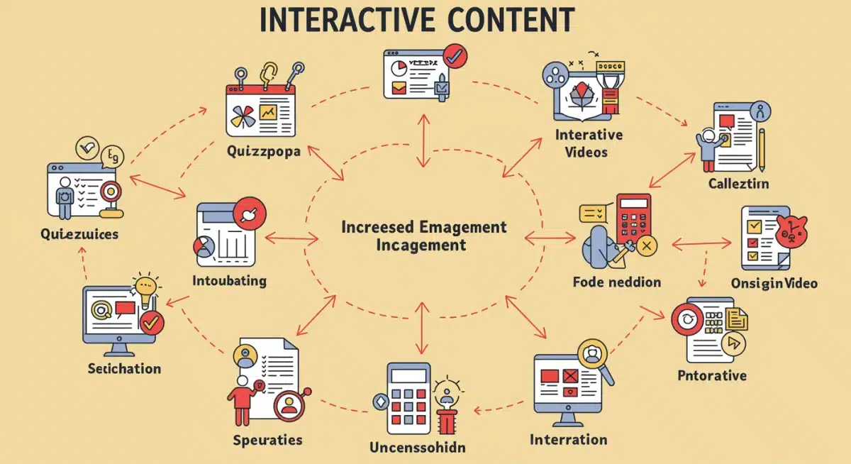 Infografía de tipos de contenido interactivo: cuestionarios, encuestas, calculadoras y vídeos, mostrando su impacto en el engagement.