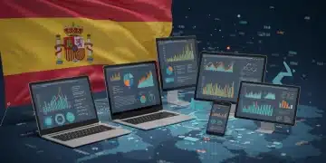 Web Vitals 2025: Optimiza tu web en España y reduce el rebote Gráfico de rendimiento web con datos de Web Vitals y mapa de España, simbolizando la optimización digital.