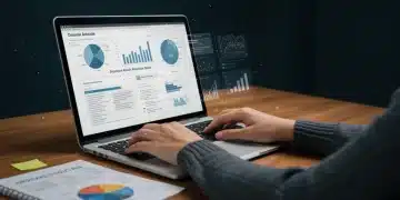 Profesional analizando datos de una auditoría SEO técnica en un ordenador portátil, con gráficos de rendimiento web y elementos que simbolizan el mercado español.