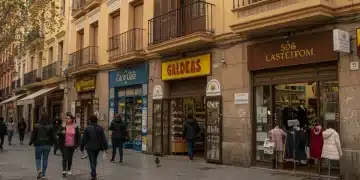 Calle concurrida de negocios locales en España, mostrando la vitalidad económica y los desafíos de la inflación.