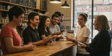 Clientes satisfechos interactuando en un café local español, simbolizando la fidelización.