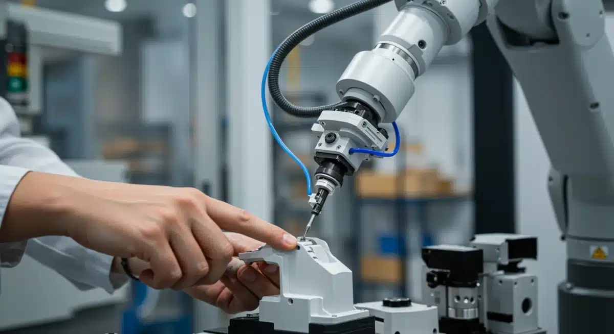 Cobot realizando una tarea de ensamblaje de precisión junto a un operario humano.