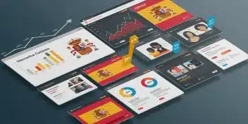 Elementos de contenido interactivo en una pantalla digital con gráficos de crecimiento y la bandera española, simbolizando el éxito en el aumento del tiempo de permanencia en webs.