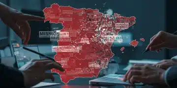 Mapa digital de España con flujos de información y noticias, simbolizando la desinformación y los esfuerzos por combatirla.