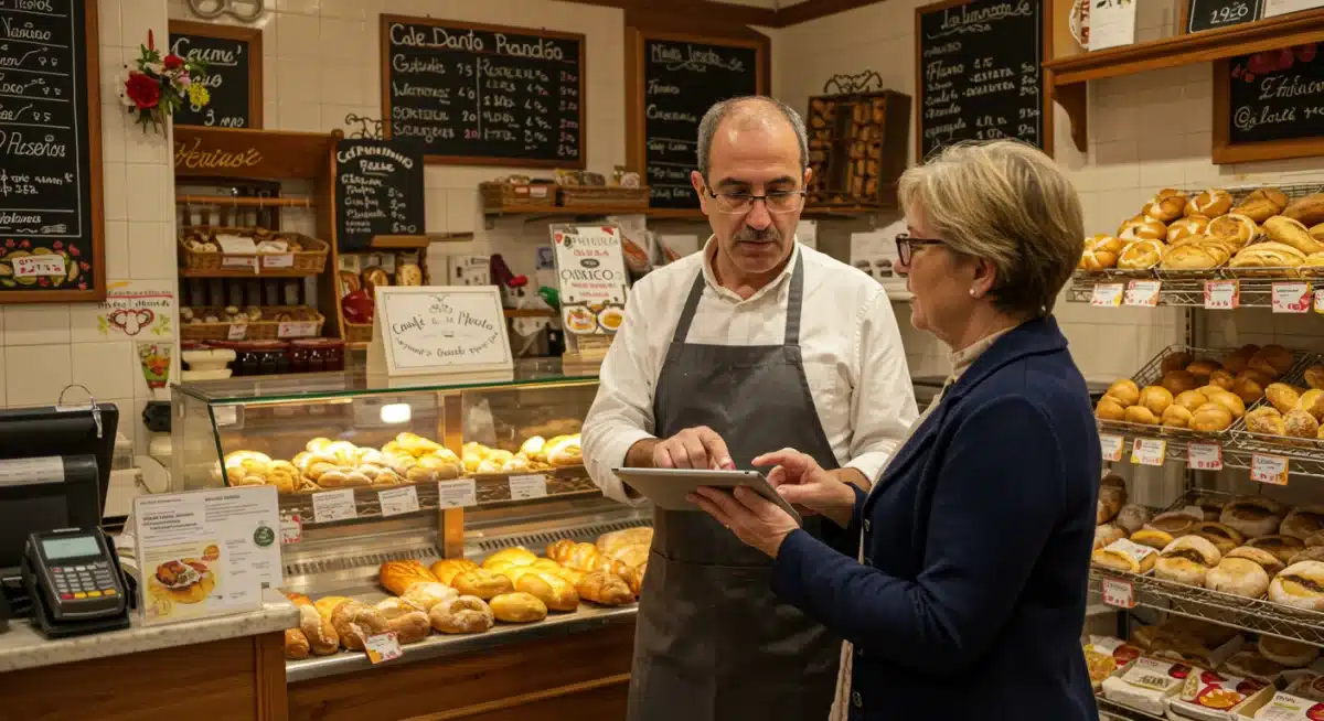 Comerciante local español mostrando una tablet a un cliente, ilustrando la digitalización