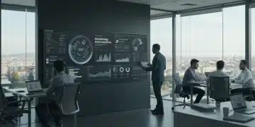 Profesionales en un entorno de oficina moderno analizando datos de automatización de marketing B2B en España.