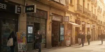 Negocios locales digitalizados en una calle española, mostrando la modernización empresarial.