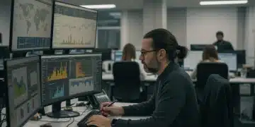 Periodista español analizando datos complejos en una sala de redacción moderna con gráficos en pantalla.