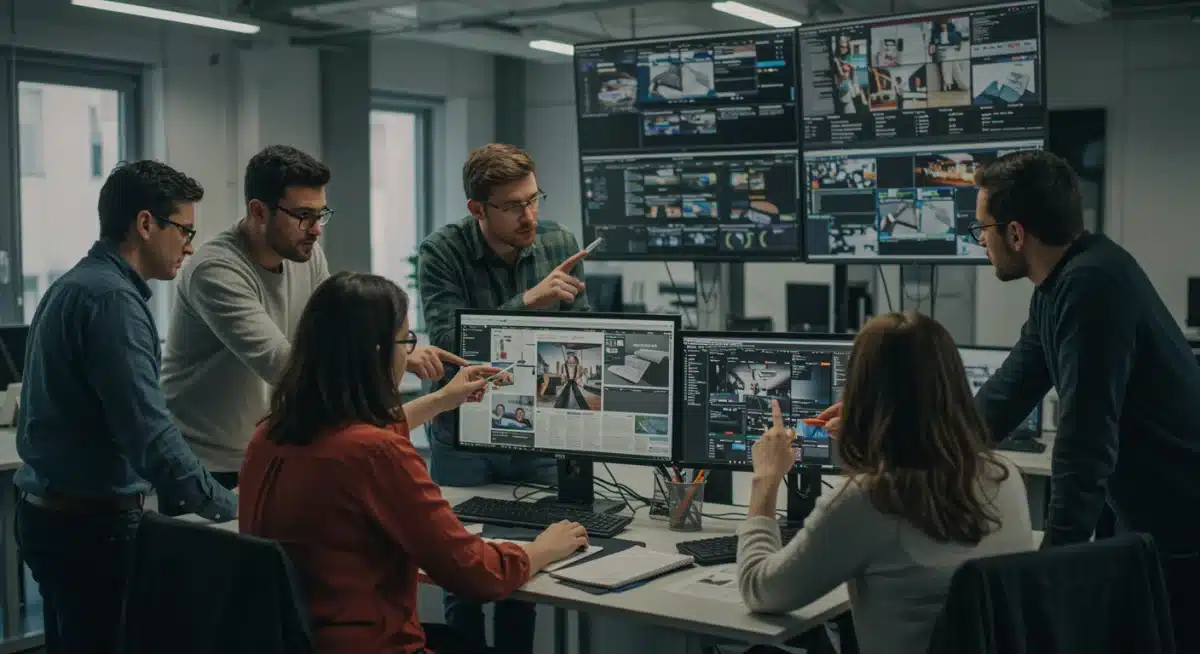 Periodistas y verificadores colaborando en una sala de redacción, analizando noticias y contenido digital para combatir la desinformación.