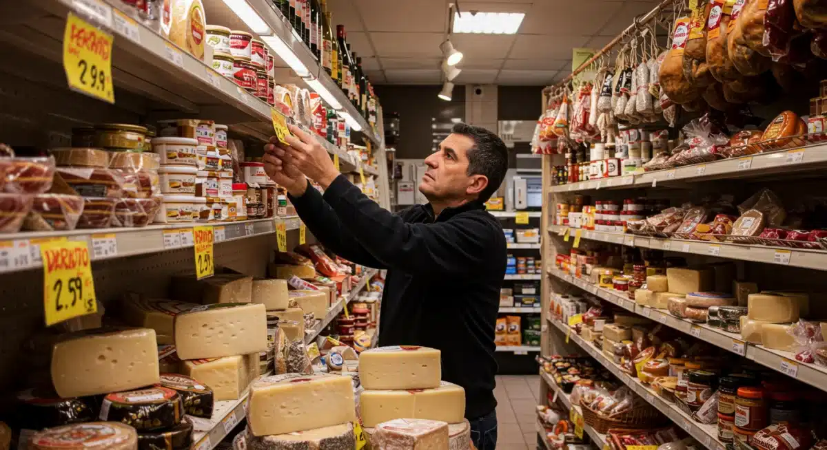 Propietario de negocio local en España ajustando precios de productos debido a la inflación.