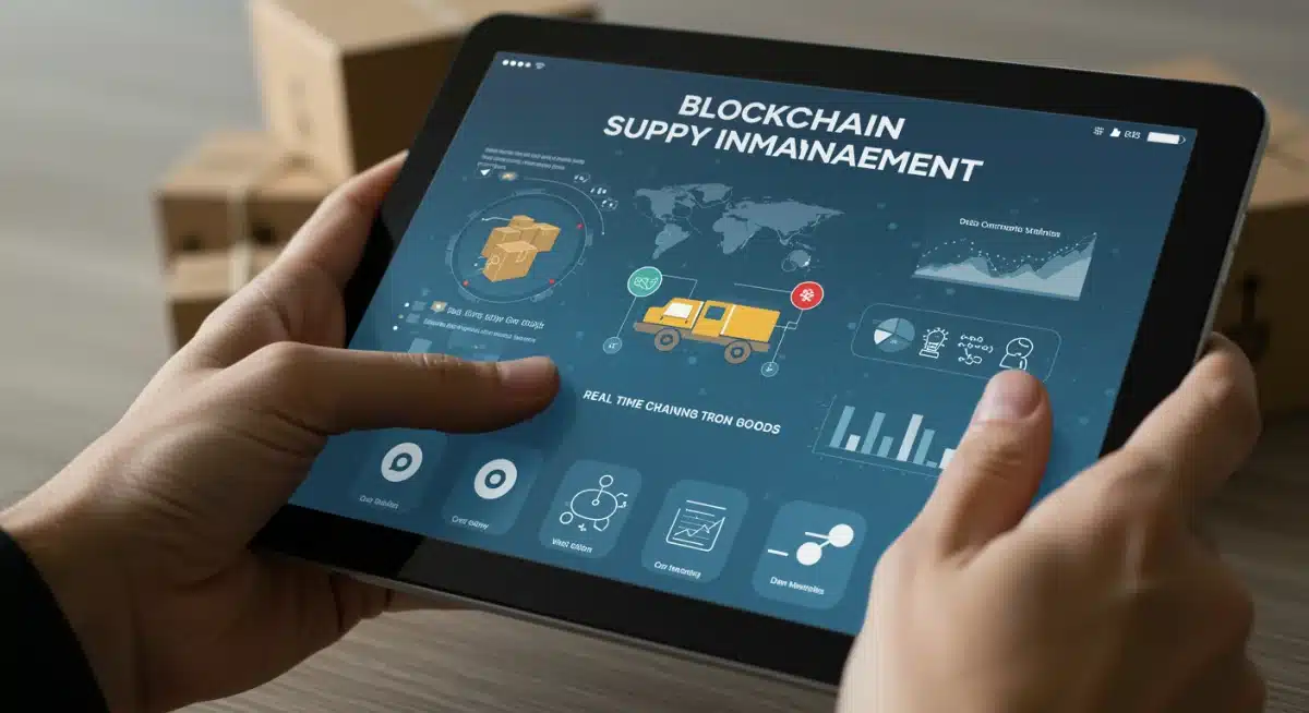 Interfaz de aplicación blockchain para gestión de cadena de suministro en dispositivo móvil, mostrando trazabilidad.